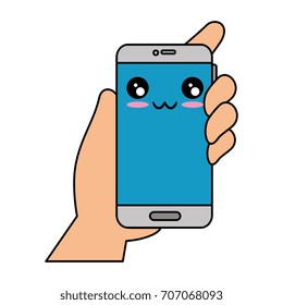 hand user with smartphone device kawaii character