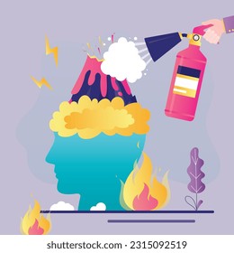 Hand uses fire extinguisher try to extinguish burning volcano on human head. Psychological therapy to cool down burning mind or anger, reduce burnout or mental illness, depression, cure anxiety.