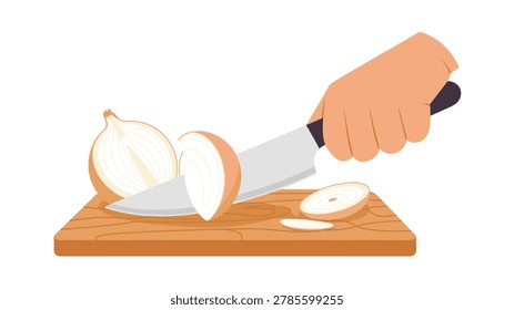 A hand uses a kitchen knife to slice a fresh yellow onion on a brown wooden cutting board depicted in a minimalist flat vector illustration set on a white background.