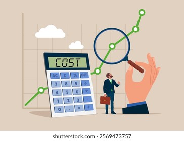 Hand uses magnifying glass to analyze cost graph with calculator. Details on market data. Stock market data analysis. Modern vector illustration in flat style