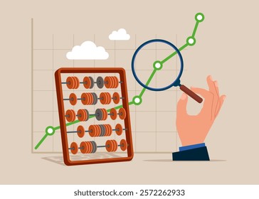 Hand uses magnifying glass to analyze cost graph with abacus for calculations. Details on market data. Stock market data analysis. Vector illustration in flat style