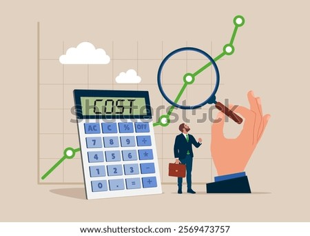 Hand uses magnifying glass to analyze cost graph with calculator. Details on market data. Stock market data analysis. Modern vector illustration in flat style