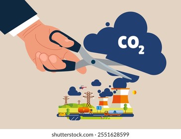 Hand uses scissors to cut air pollution, co2 , ecological problems. Cutting harmful industry emissions with large scissors. Flat vector illustration