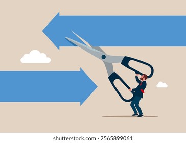 Hand uses scissors to cut arrow with scissors. Decision to change to better opportunity. Change business approach. Flat vector illustration