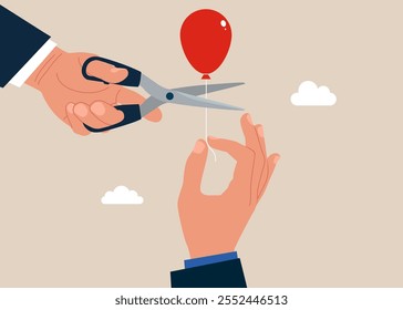 Mano utiliza tijeras para cortar la cuerda del globo hombre de negocios. Ilustración vectorial moderna en estilo plano. 