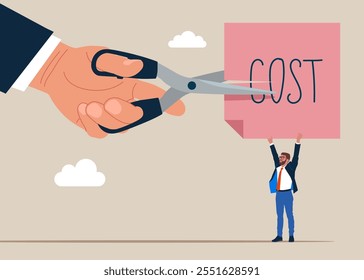 Hand uses scissors to cut cost. Efficiency concept. Businessman cutting cost. Modern vector illustration in flat style.