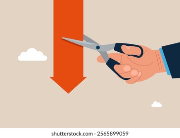 Hand uses scissors to cut down arrow with scissors. Survive investment crash, crisis or recession, pushing back or effort to win business challenge, economic recession. Vector illustration  