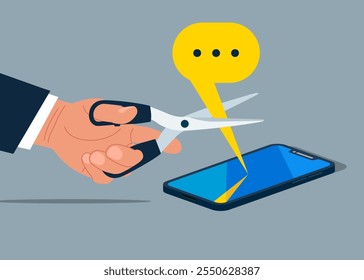 Hand uses scissors to cut out the message. Block unwanted messages, filter messages from unknown senders. Do not disturb. Flat vector illustration.