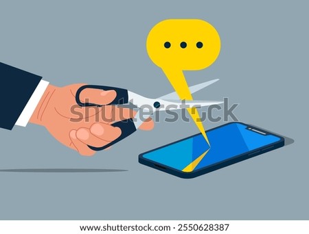 Hand uses scissors to cut out the message. Block unwanted messages, filter messages from unknown senders. Do not disturb. Flat vector illustration.