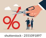 Hand uses scissors to cut percentage mark. Stop Inflation. Economic crisis, Fed raised central bank interest rate to curb soaring inflation. High interest rates on loans. Flat vector illustration.