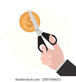 Hand uses scissors and cutting gold coin. Salary reduction. Reducing cost concept. Businessman cutting dollar. Big discount. Half price. Cost cut icon. Price cheaper reduce, reduction rate discount.