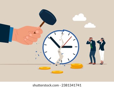 Hand uses sledgehammer and breaks hitting alarm clock. Vector illustration.