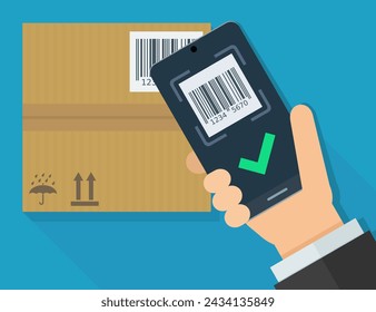 A hand uses a smartphone with a logistics application to scan the barcode of a cardboard package (flat design)