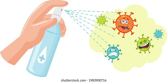 Hand using alcohol sanitizer with virus cartoon character illustration