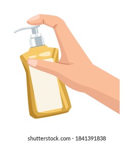 hand using antibacterial soap bottle product icon vector illustration design