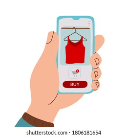 Hand using an app on smartphone for shopping online. E-commerce concept. Vector flat illustration on white background