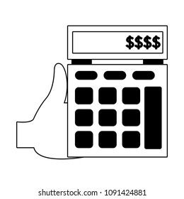 Hand using calculator in black and white colors