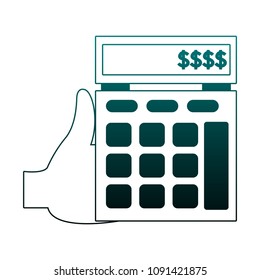 Hand using calculator in blue lines
