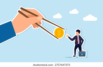 Mano usando palillos dando monedas de dólar al hombre de negocios ilustración de pagar dividendos a los accionistas de la compañía