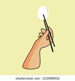 A hand using chopsticks holding the egg on color background. flat  vector illustration