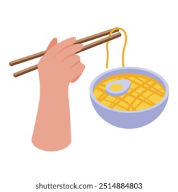 Hand using chopsticks to lift noodles from a bowl of ramen soup with egg