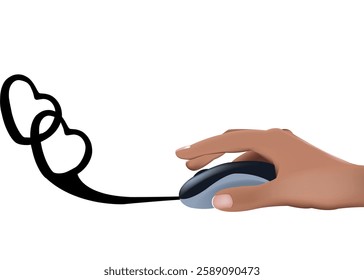 Hand using computer mouse connected to linked hearts, representing online dating and relationships