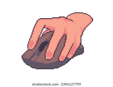 Mano usando ratón de computadora, ratón de PC, arte de píxeles de 8 bits, ilustración vectorial aislada en fondo blanco.