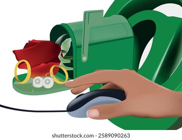 Hand using computer mouse receiving online marriage proposal with rings, pearls, and rose delivered in email inbox