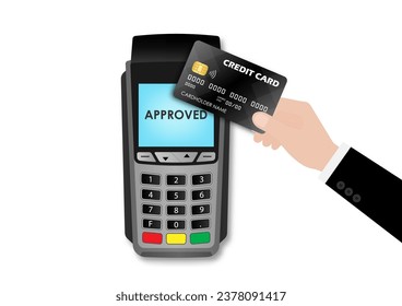 Hand using Credit Card For Making Payment by POS - Point of Sale Terminal or Credit Card Reader Machine. Vector Illustration. 