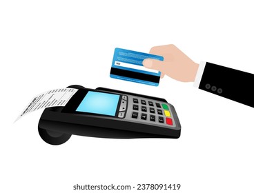 Hand using Credit Card For Making Payment by POS - Point of Sale Terminal or Credit Card Reader Machine. Vector Illustration. 