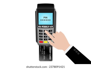 Hand using Credit Card For Making Payment by POS - Point of Sale Terminal or Credit Card Reader Machine. Vector Illustration. 