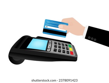 Hand using Credit Card For Making Payment by POS - Point of Sale Terminal or Credit Card Reader Machine. Vector Illustration. 