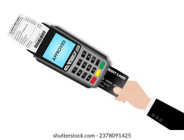 Hand using Credit Card For Making Payment by POS - Point of Sale Terminal or Credit Card Reader Machine. Vector Illustration. 