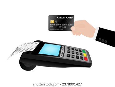 Hand using Credit Card For Making Payment by POS - Point of Sale Terminal or Credit Card Reader Machine. Vector Illustration. 