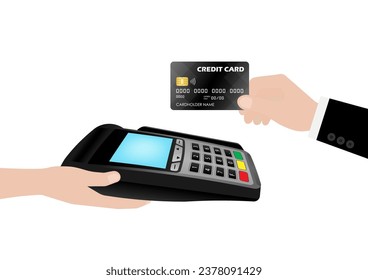 Hand using Credit Card For Making Payment by POS - Point of Sale Terminal or Credit Card Reader Machine. Vector Illustration. 