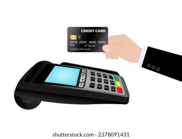 Hand using Credit Card For Making Payment by POS - Point of Sale Terminal or Credit Card Reader Machine. Vector Illustration. 