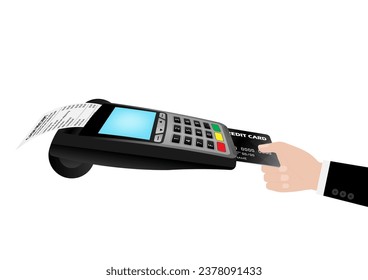 Hand using Credit Card For Making Payment by POS - Point of Sale Terminal or Credit Card Reader Machine. Vector Illustration. 