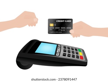 Hand using Credit Card For Making Payment by POS - Point of Sale Terminal or Credit Card Reader Machine. Vector Illustration. 