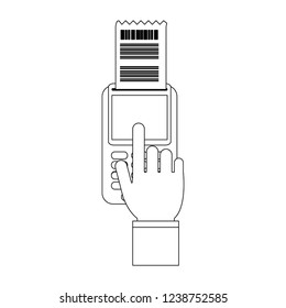 Hand using credit card reader in black and white