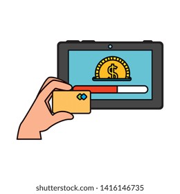 hand using credit card and tablet with coin money