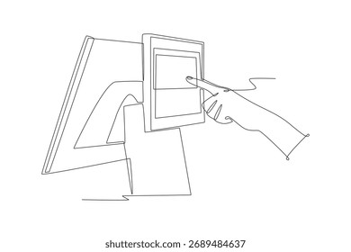 Hand using digital kiosk. Digital kiosks concept one-line drawing