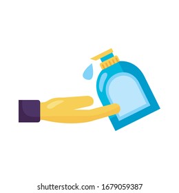 hand using disinfectant bottle with push dispenser detaild style vector design