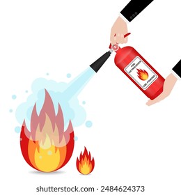 Hand using Fire Extinguisher to Spray on Burning Fire. Vector Illustration. 