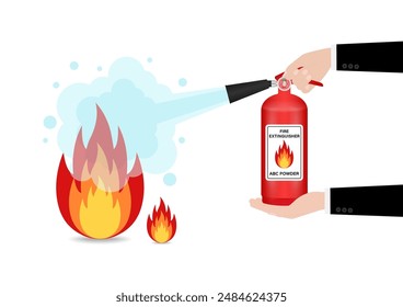 Hand using Fire Extinguisher to Spray on Burning Fire. Vector Illustration. 