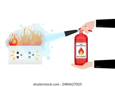 Hand using Fire Extinguisher to Spray on Burning Electric Socket. Vector Illustration. 