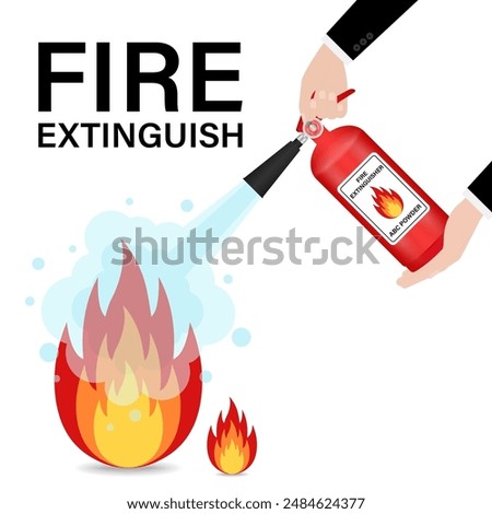 Hand using Fire Extinguisher to Spray on Burning Fire. Vector Illustration. 