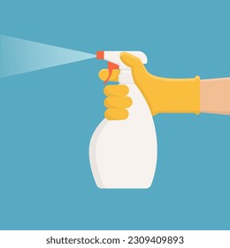 Hand, die Handschuhe verwendet und Wassersprühflasche hält, Vektorgrafik auf blauem Hintergrund