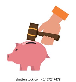 Hand using hammer to broke piggy vector illustration