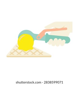 Hand using ice cream scooper with yellow scoop on waffle
