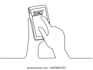 Hand using Internet banking card in one line drawing style.